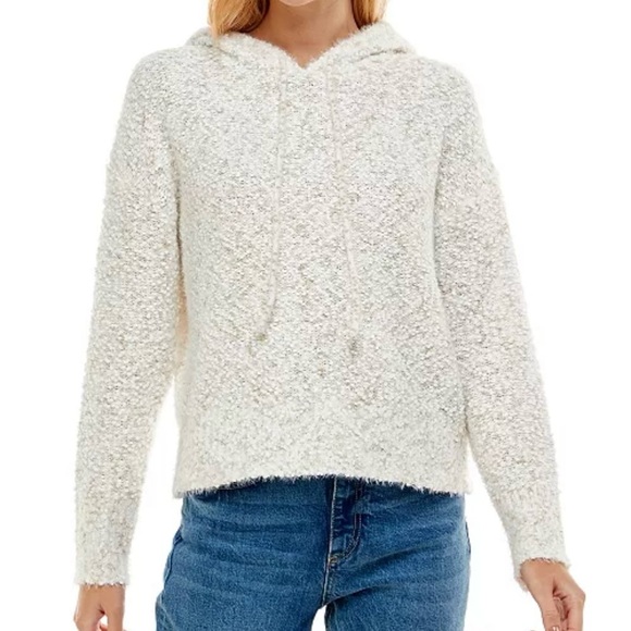 Ultra Flirt White & Tan Fuzzy Soft Textured Hooded Sweater Size XS EUC - Picture 2 of 8